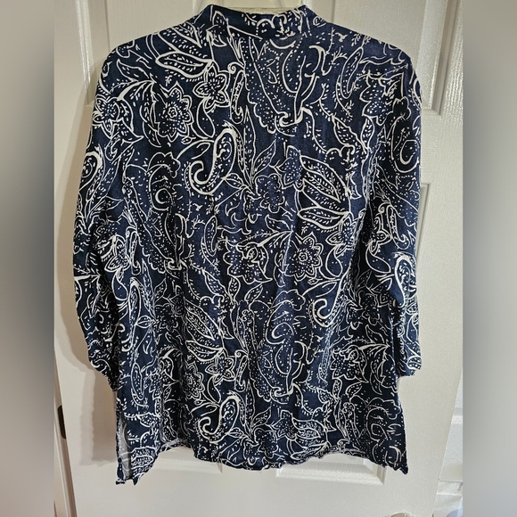Carole Little Woman 1X Navy White Floral Paisley 100% Linen Button Blouse Coast - Picture 3 of 6